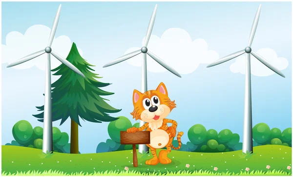 Un tigre tenant un panneau en bois vide près des moulins à vent — Image vectorielle