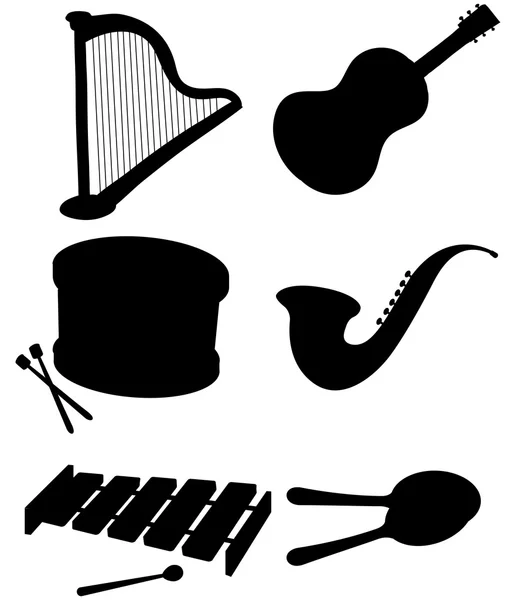 Seis silhuetas de instrumentos musicais —  Vetores de Stock