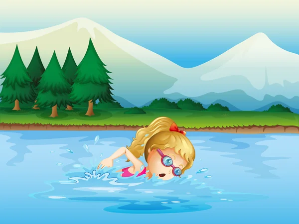 A girl swimming near the pine trees — Stock Vector