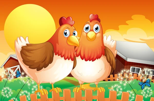 两只母鸡上方的围栏与农场 — 图库矢量图片