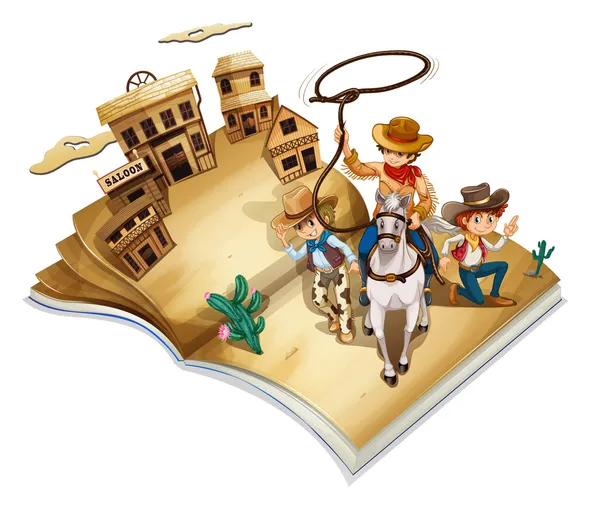 Un libro con l'immagine di tre cowboy — Vettoriale Stock