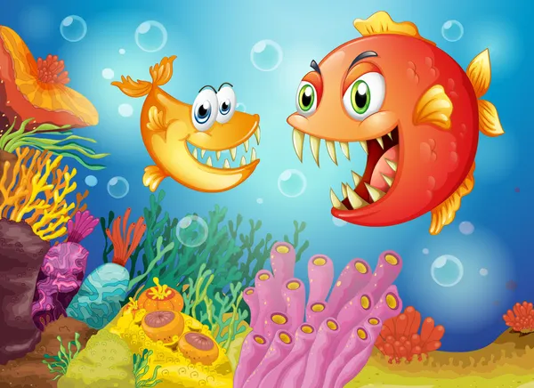 Two fishes with big fangs under the sea — Stock Vector