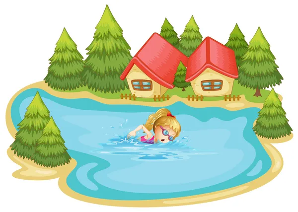 A girl swimming near the pine trees — Stock Vector