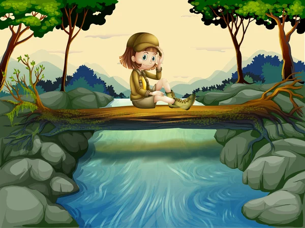 Uma menina sentada na floresta — Vetor de Stock