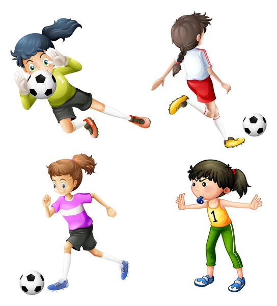 Quatro meninas jogando futebol — Vetor de Stock