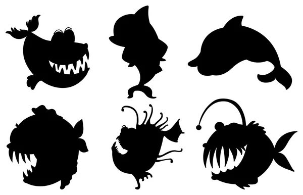 Six silhouettes of fishes with big fangs — Stock Vector