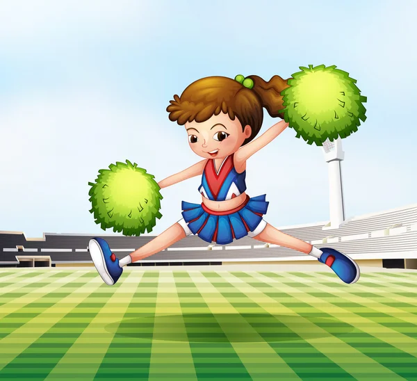 Танцовщица с зелеными помпонами на футбольном поле — стоковый вектор