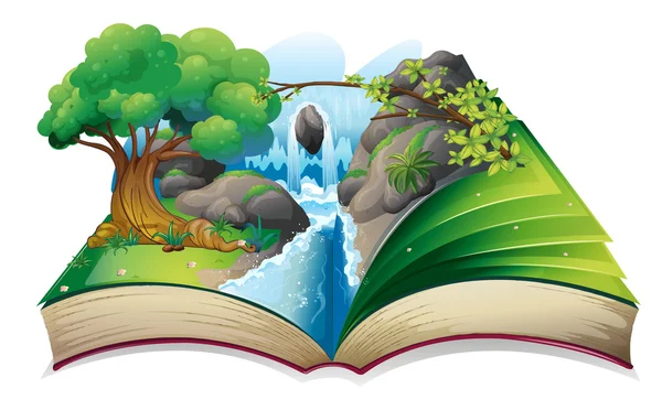 Un libro con una imagen de un bosque — Vector de stock