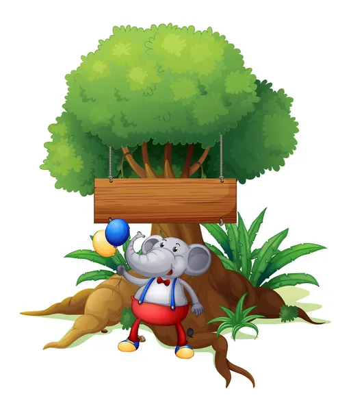 An elephant under the tree with a wooden signboard — Stock Vector