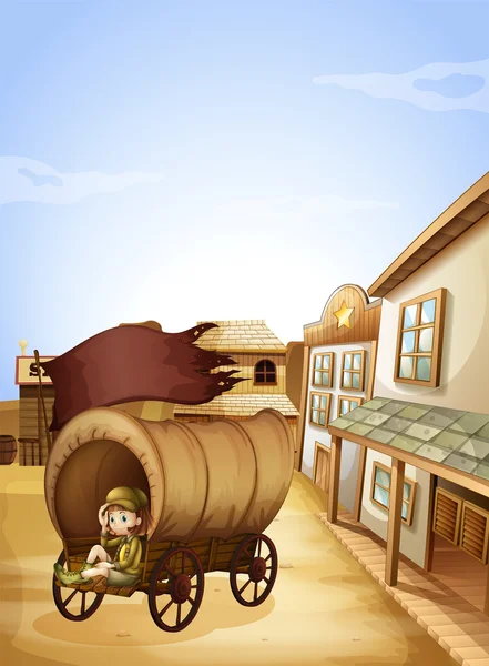 一个小姑娘坐在木制马车 — 图库矢量图片