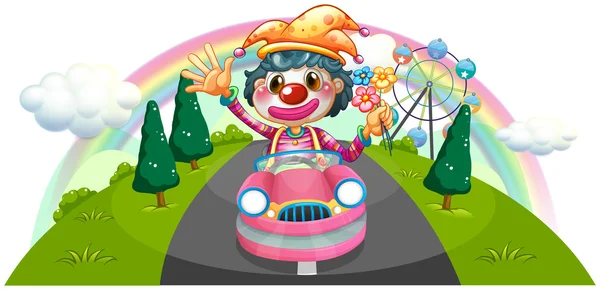 A happy female clown riding on a pink car — Stock Vector