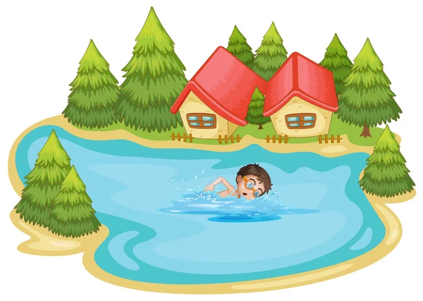 Un niño nadando en el río con pinos — Vector de stock