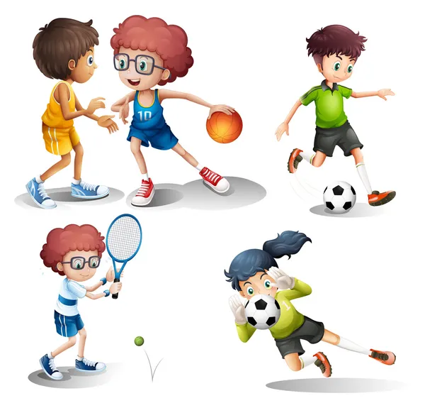 Niños practicando diferentes deportes — Vector de stock