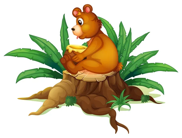 Ein Bär sitzt auf einem Baumstumpf mit Blättern — Stockvektor