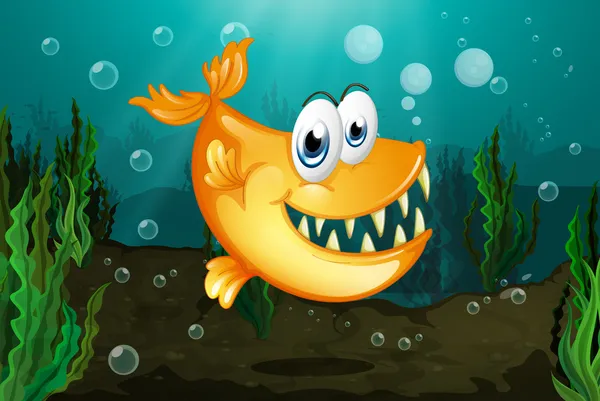 A yellow piranha near the seaweeds — Stock Vector