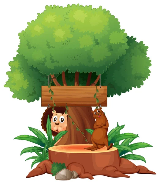 Un arbre avec des animaux et un panneau vide — Image vectorielle