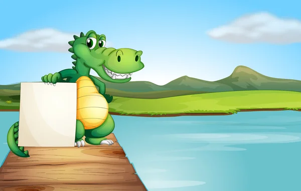 An alligator holding an empty board at the wooden bridge — Stock Vector