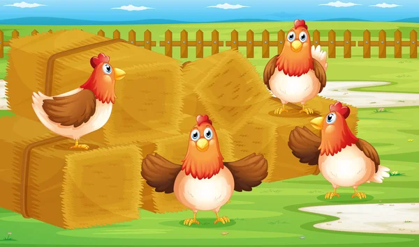 A farm with four hens inside the fence — Stock Vector