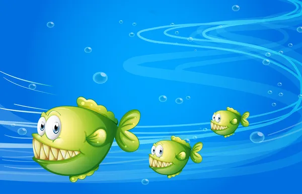 Drei grüne Piranhas unter dem Meer — Stockvektor
