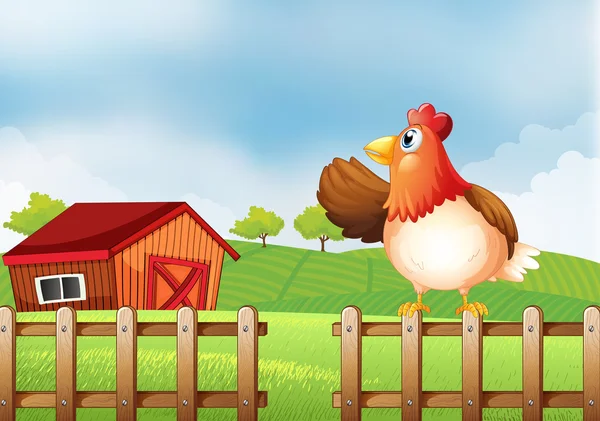 Ein Bauernhof mit einer Henne am Zaun — Stockvektor