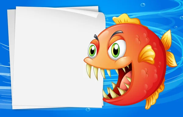 Een piranha onder de zee naast een lege papier — Stockvector
