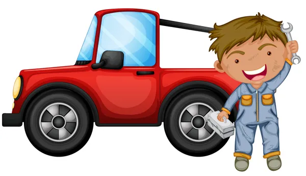 A boy fixing the red jeep — Stock Illustration A boy fixing the red jeep Royalty Free Stock Vectors