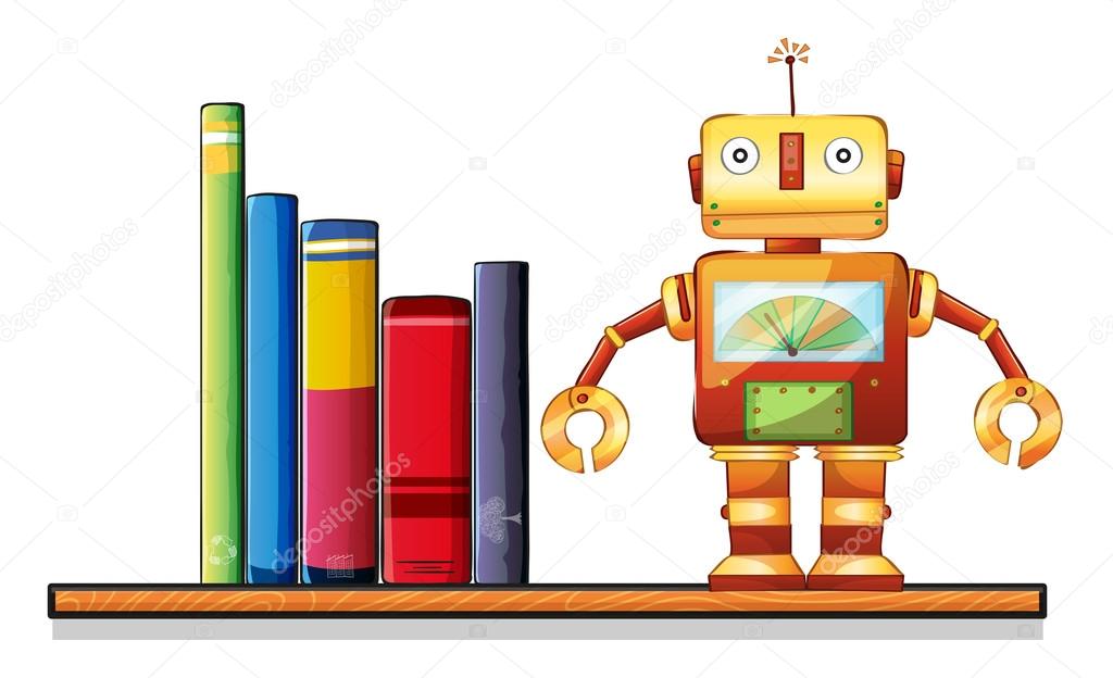 A wooden shelf with a robot and books