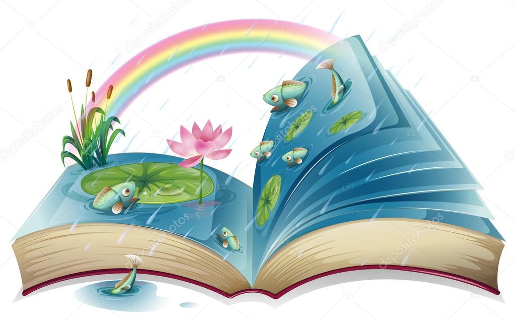 A book with an image of a pond