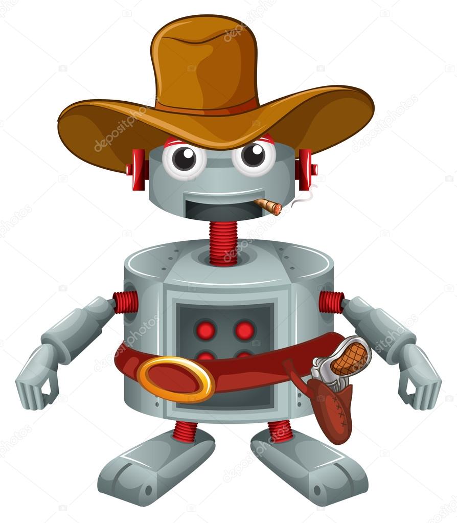 A robot with a hat and a cigar