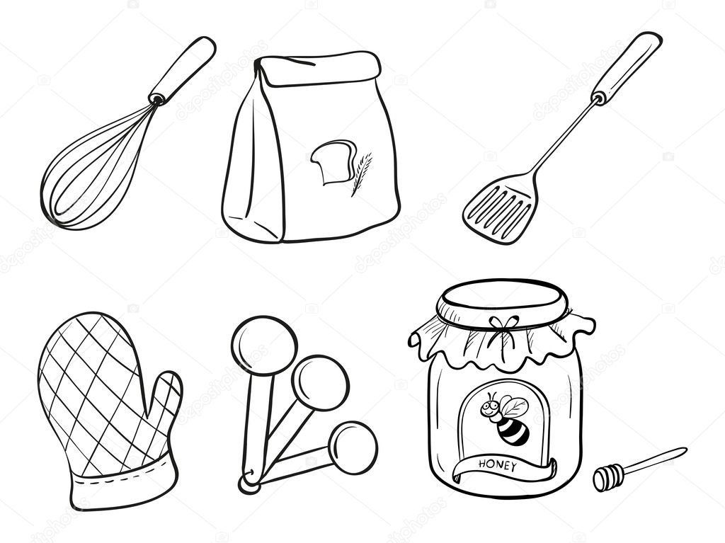 A doodle set of kitchen utensils, baking powder and honey jam