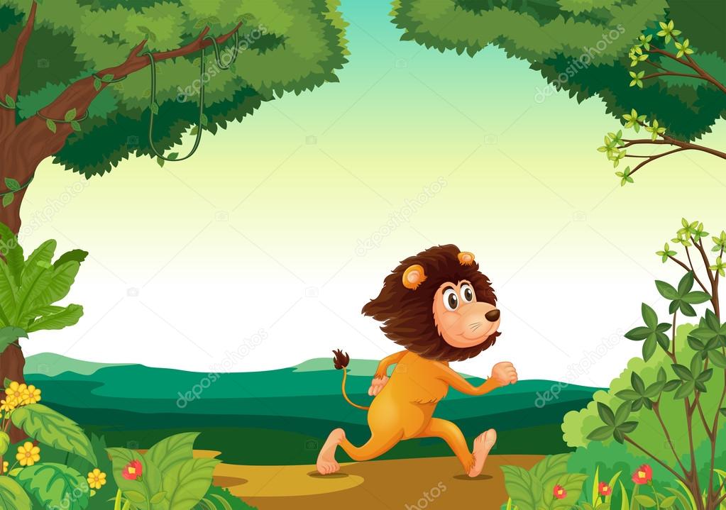 A lion running in the forest