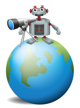 A robot with a telescope above the planet earth clipart