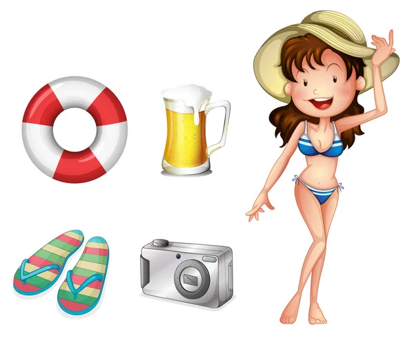 A lifebuoy, pair of slippers, mug of beer, camera and a lady — Stock Vector