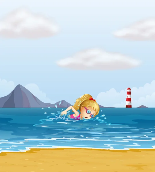 A girl swimming at the sea with a beacon at the back — Stock Vector