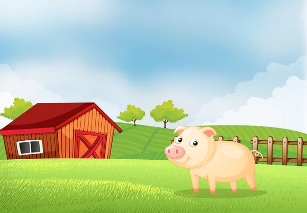 Un cochon dans la ferme avec une maison en bois à l'arrière — Image vectorielle