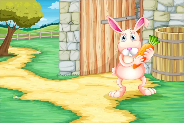 Кролик тримає моркву біля сараю — стоковий вектор