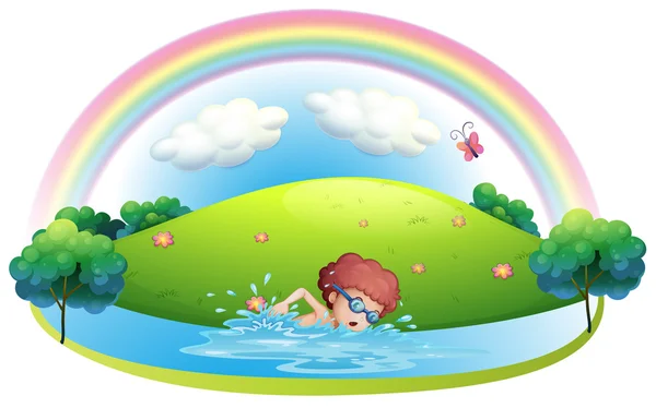 A young man swimming near the hill with a rainbow — Stock Vector