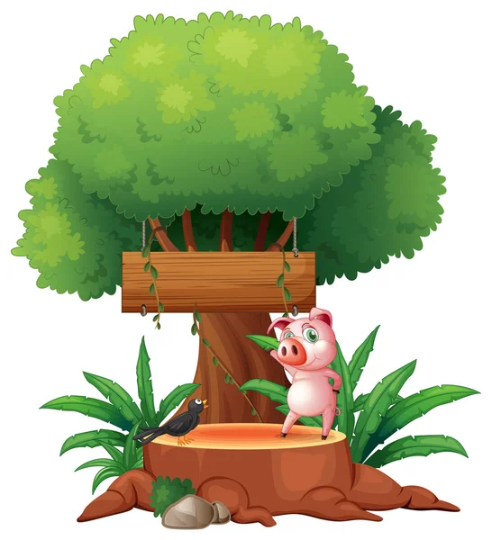 A pig and a bird above a stump in front of a wooden signboard — Stock Vector