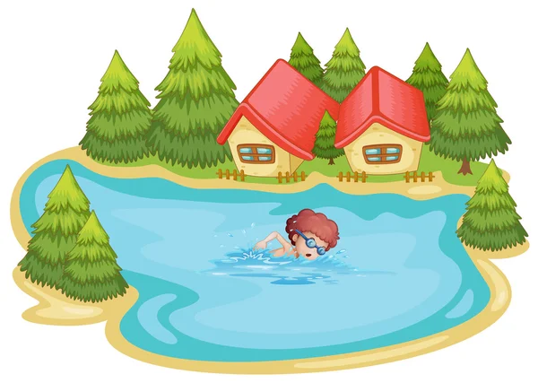 泳いでいる少年と松の木の近くのビーチ — ストックベクタ