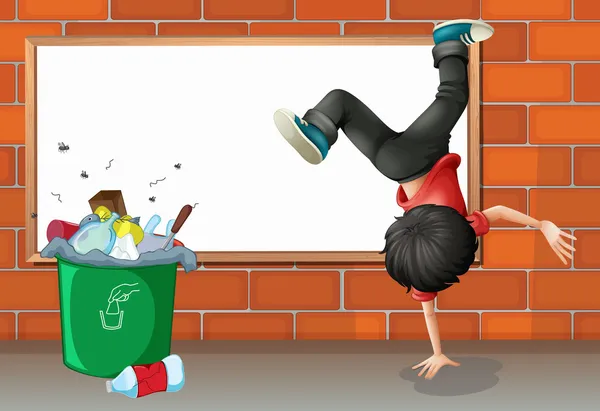 A boy breakdancing near a trash can with an empty board — Stock Vector