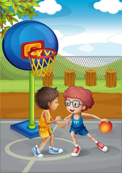 Deux garçons jouant au basket au terrain de basket — Image vectorielle