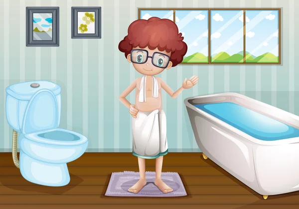 Ein Junge mit einem Handtuch im Badezimmer — Stockvektor