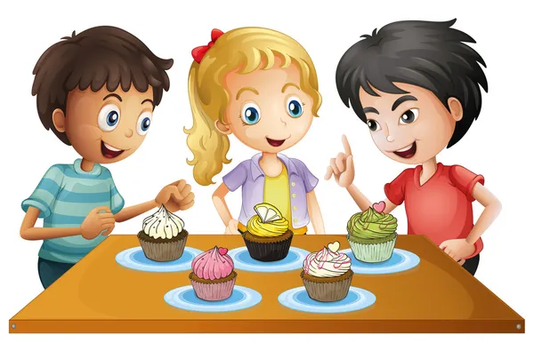 Three kids at the table with cupcakes — Stock Vector
