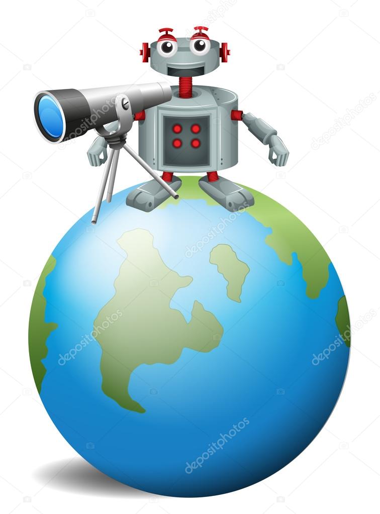 A robot with a telescope above the planet earth
