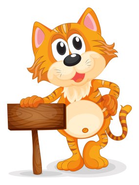 Genç kaplan yanında ahşap tabela