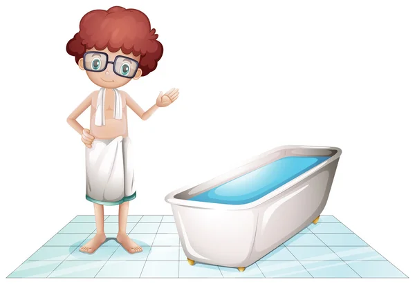Een jongen met een handdoek naast een badkuip — Stockvector