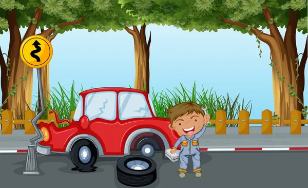 En pojke med verktyg och en röd bil på vägen — Stock vektor
