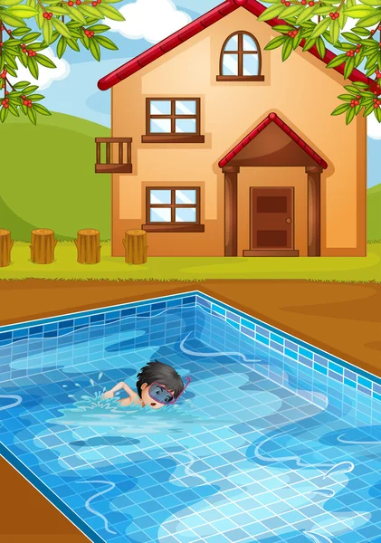 Seorang anak berenang di kolam renang di halaman belakang - Stok Vektor