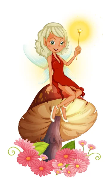 A fairy holding a wand sitting above a giant mushroom — Stock Vector