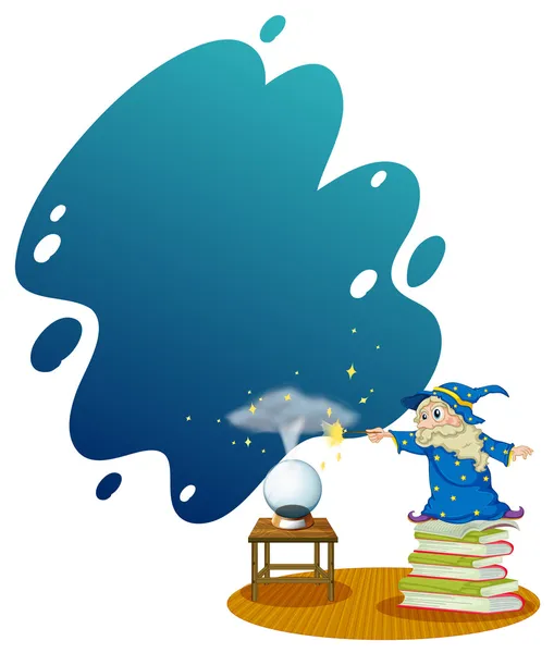 A wizard at the top of the piled books — Stock Vector
